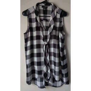 Alfani Womens Black White Gray Check Tie Bow Sleeveless Blouse V-Neck Size 10‎